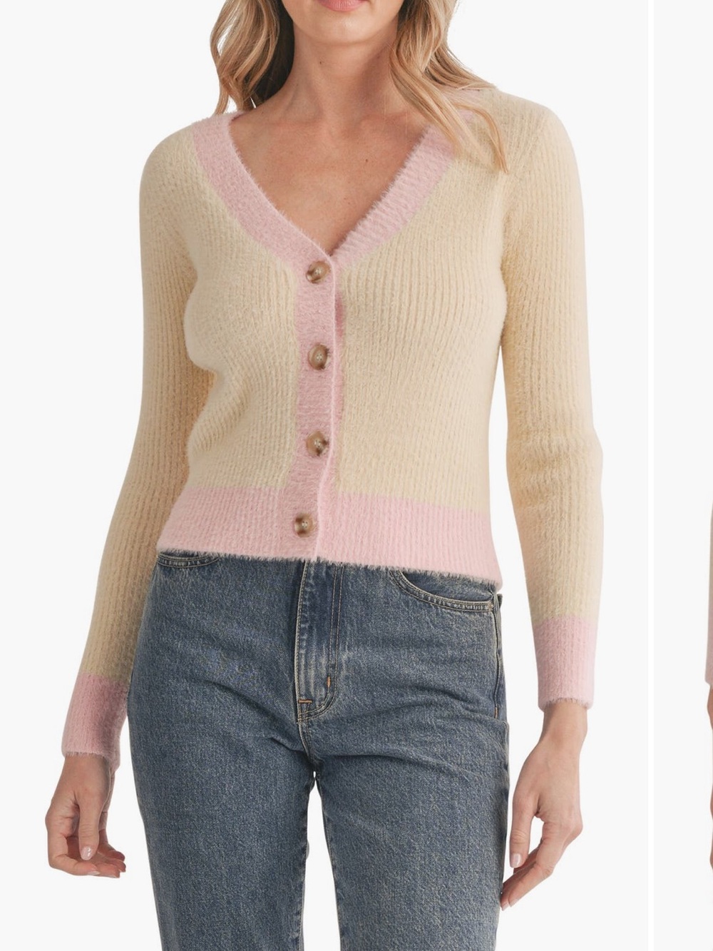 All In Favor Colorblock Crop Cardigan Cream Pink Tipped Size Small XS Worn Once
